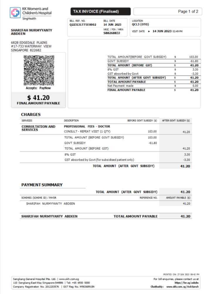 Singapore KK Hospital tax invoice Word and PDF template PSD template